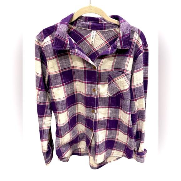 Zenana Purple Plaid Button-Up Shirt Pink Detail Women’s Size Medium - Picture 1 of 3